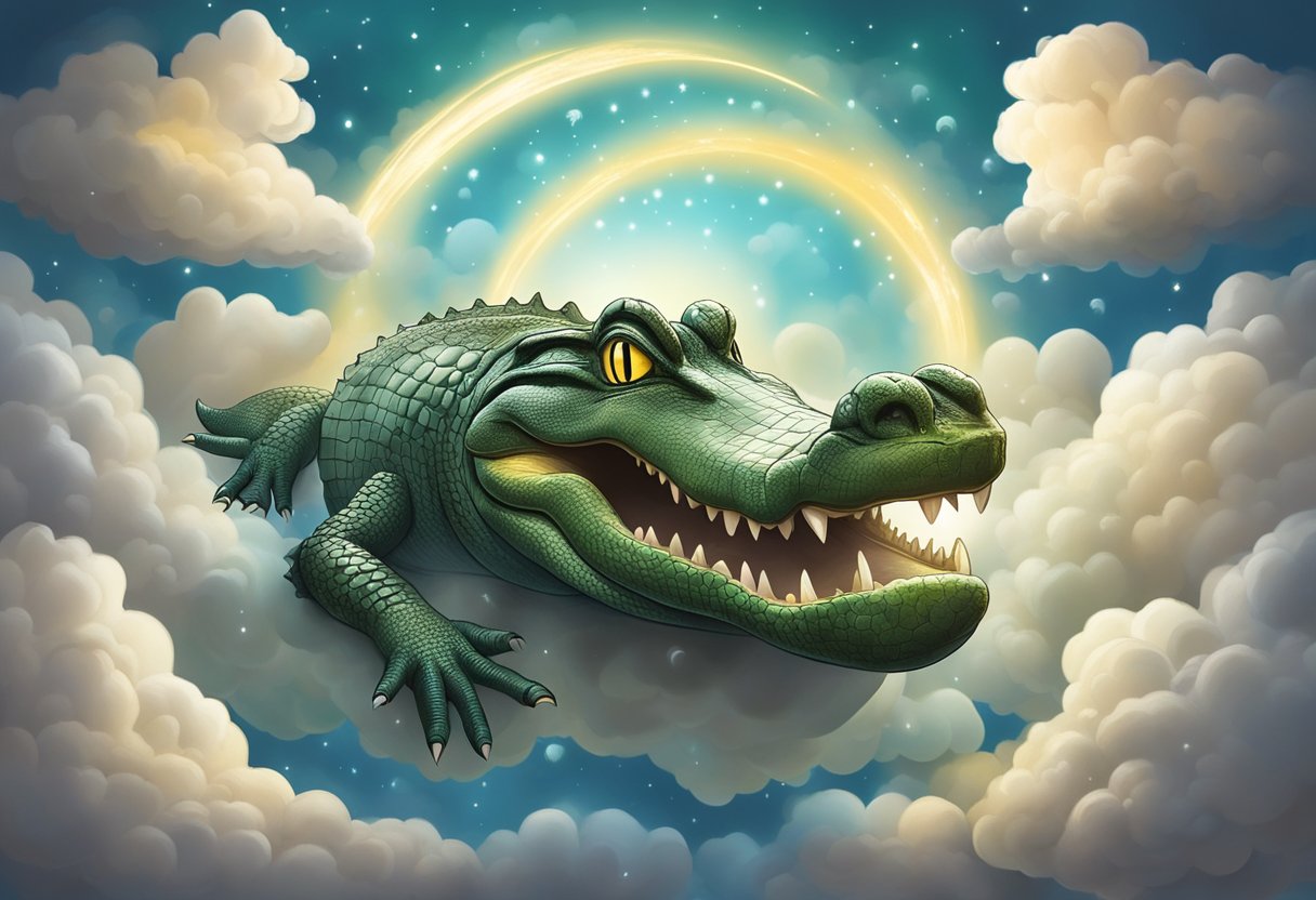 An alligator emerging from a dream cloud, surrounded by question marks and a glowing halo, symbolizing curiosity and spiritual significance
