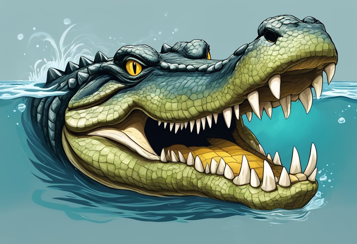An alligator emerges from the water, representing power and danger. Its sharp teeth and strong jaws symbolize fear and strength in biblical dreams