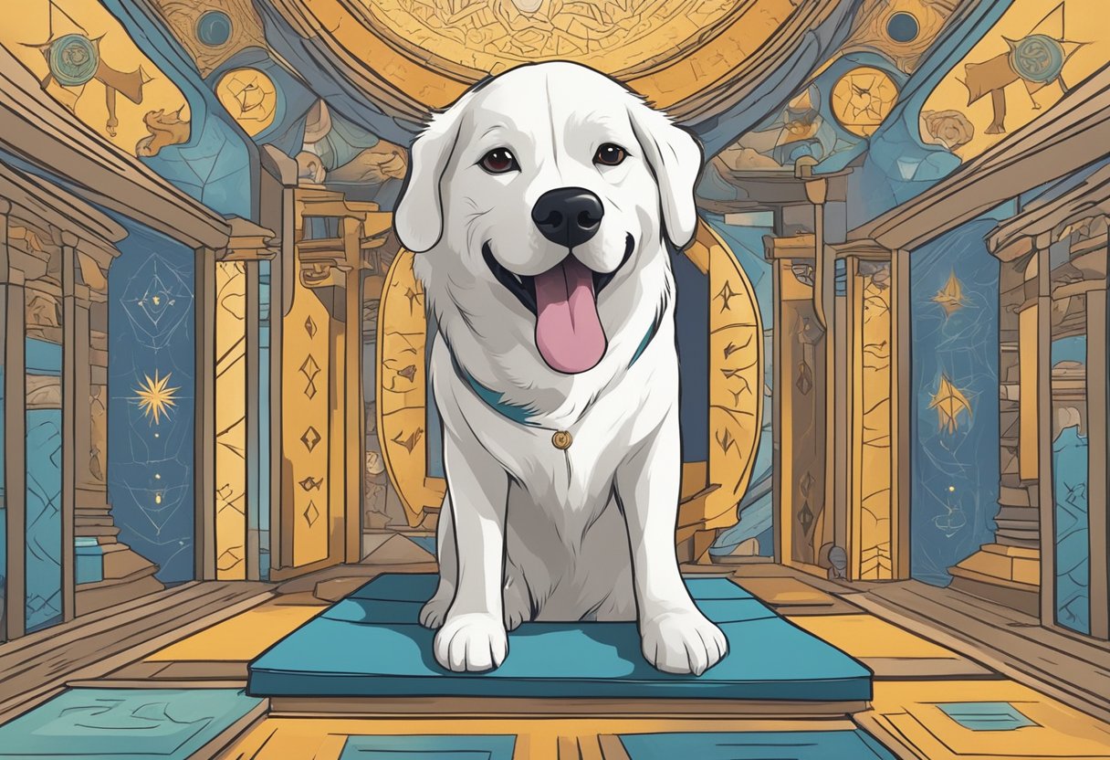 A dog barking in an empty, sacred space, surrounded by symbols of various spiritual beliefs