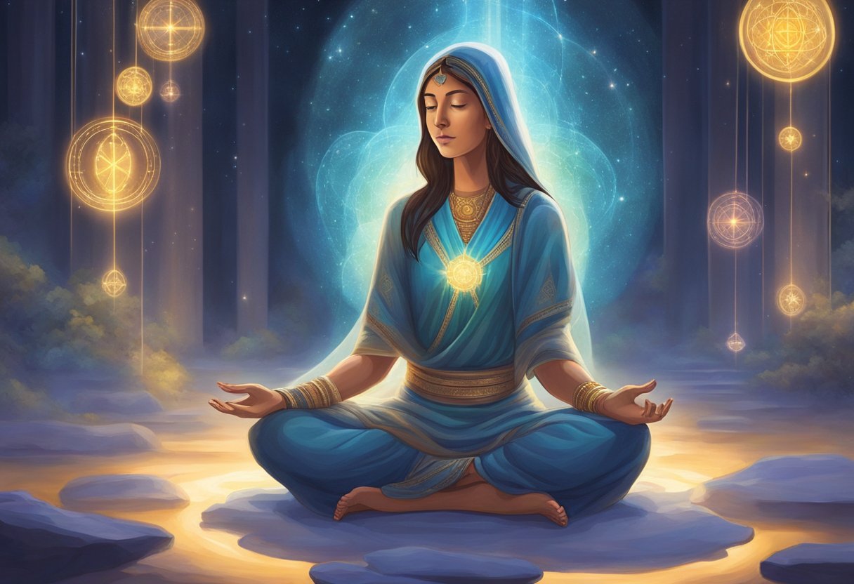 A serene figure sits cross-legged, surrounded by floating dream symbols. A beam of light illuminates the figure, evoking a sense of spiritual connection